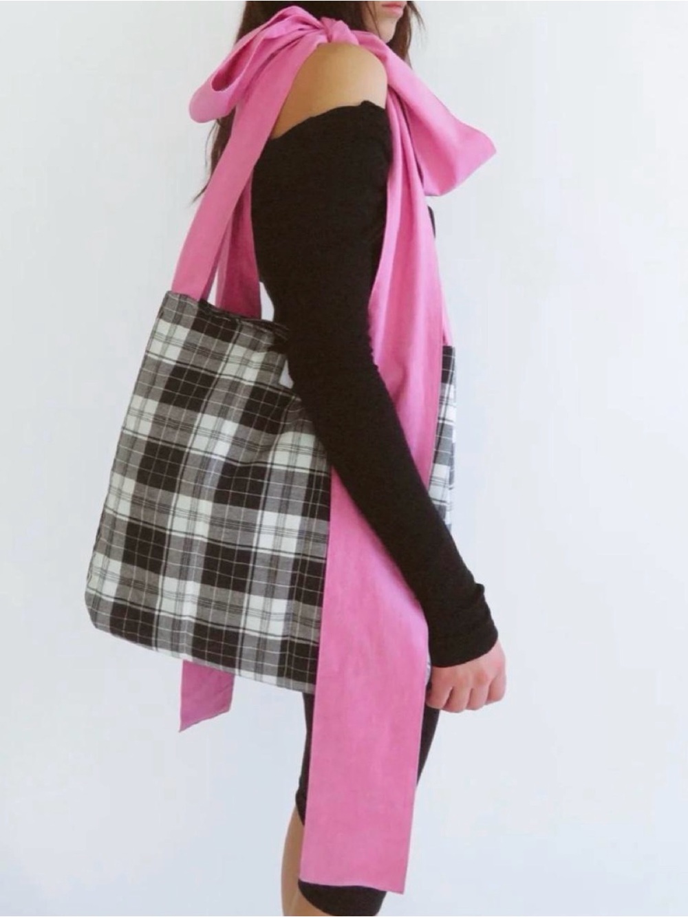 Black & White Plaid Tote with Pink Handles